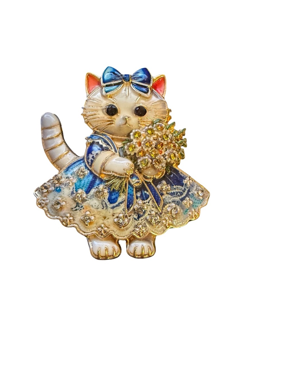 Charming and Elegant Kitten in Blue Dress with Jeweled Flower Bouquet
